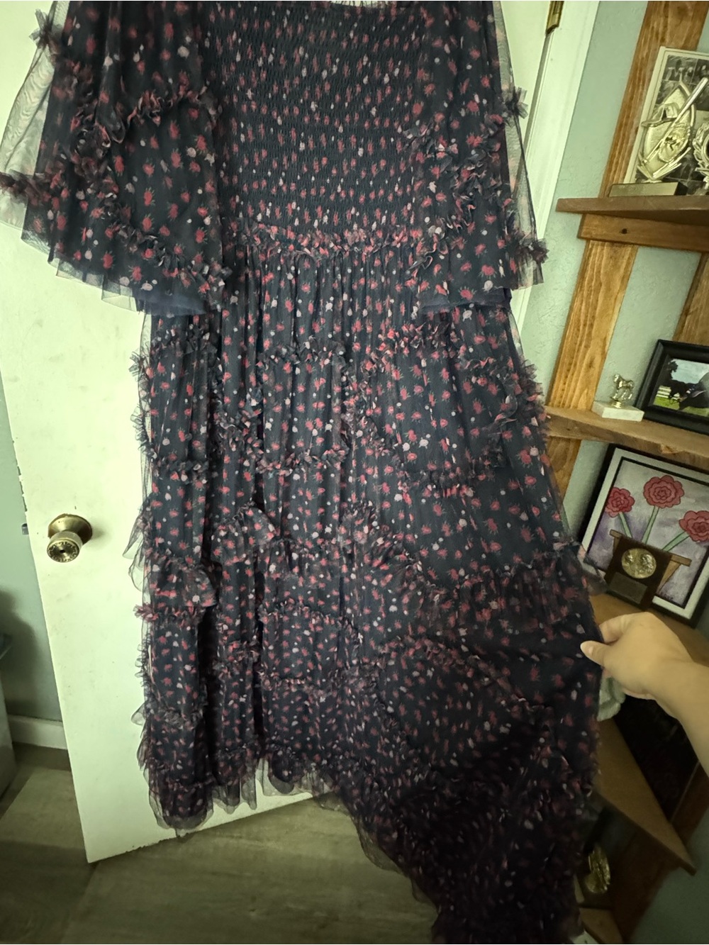 NWT JessaKae Navy Blue Smocked Floral Square-Neck Tunic with Pink Print - Picture 7 of 7